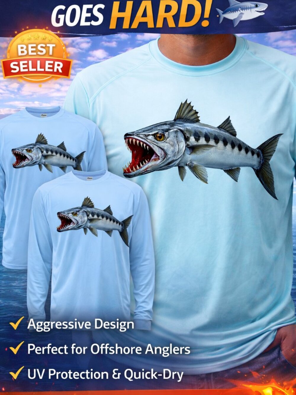 Barracuda Fish Fishing Long Sleeve UPF 50 Men Performance T-Shirt UV Protection